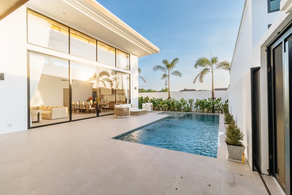 A villa pool in the late afternoon sun in Phuket